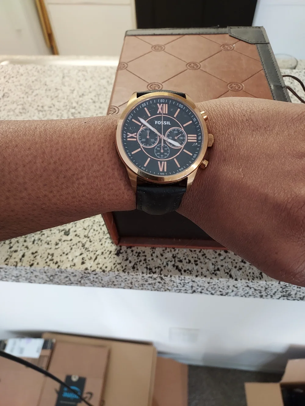 Fossil Men's Black Leather Strap Watch with Rose Gold Case